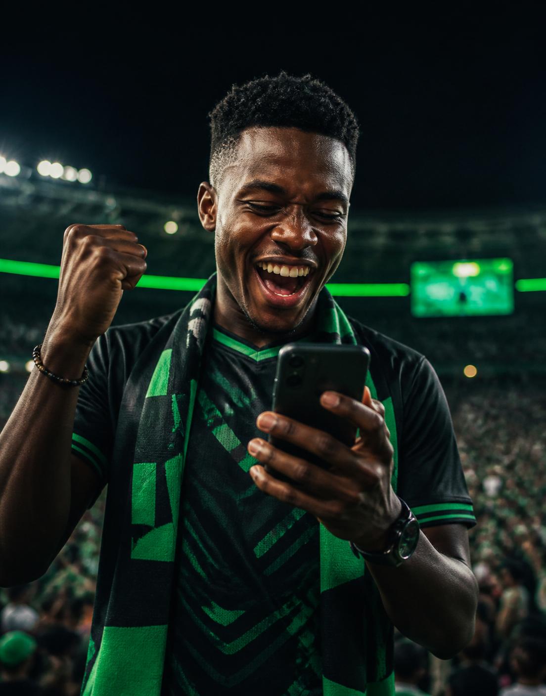 Fan celebrating a winning bet on his phone
